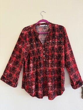 Notations Red and Black Snake-Print V-Neck Blouse